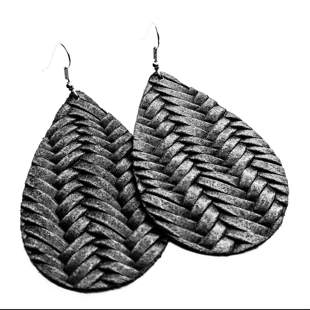 Gray Braided Leather Teardrop Fishtail Design Earrings